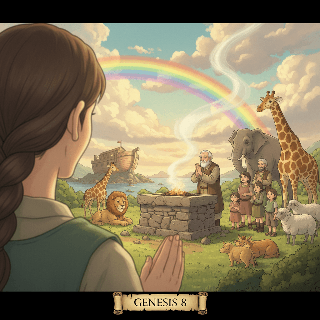 Noah offers a sacrifice after the flood; a rainbow appears as God promises to never flood the earth again.
