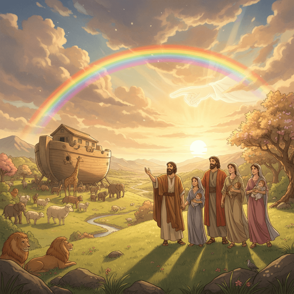 Noah's family exits the Ark as God blesses them, promising they'll repopulate the earth.
