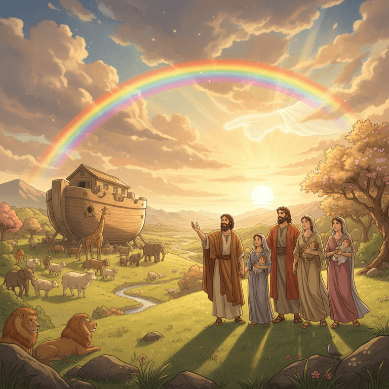 Noah's family exits the Ark as God blesses them, promising they'll repopulate the earth.
