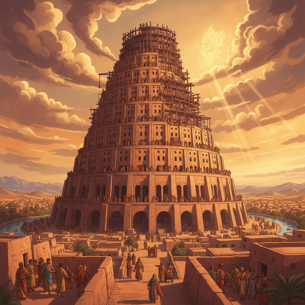 People building a tall tower reaching toward the sky, representing the Tower of Babel.
