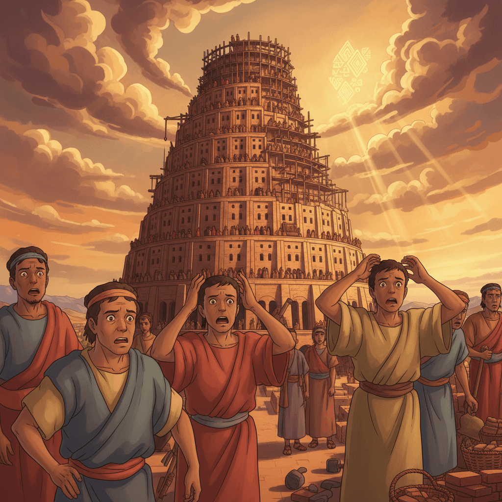 People scatter from an unfinished tower as God confuses their languages.
