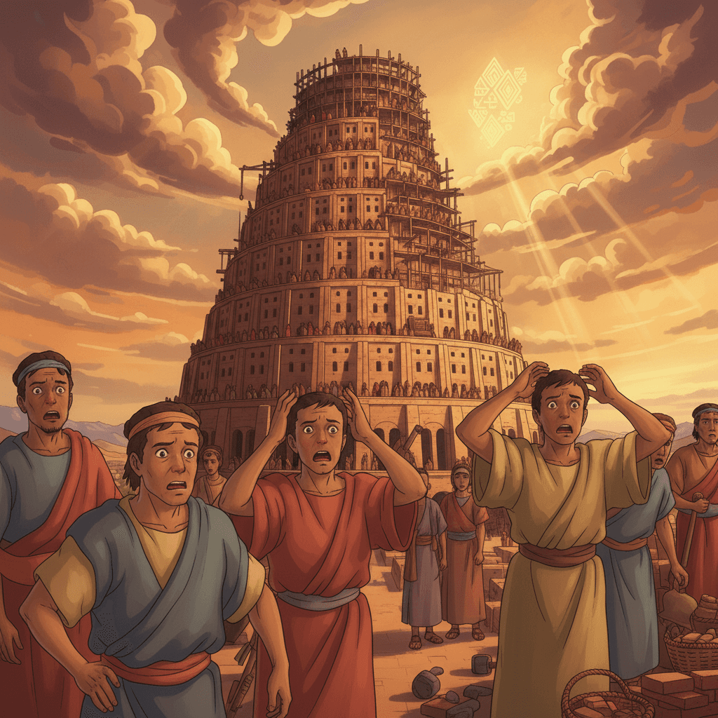 People building a tall tower are suddenly unable to understand each other, illustrating the story of the Tower of Babel.
