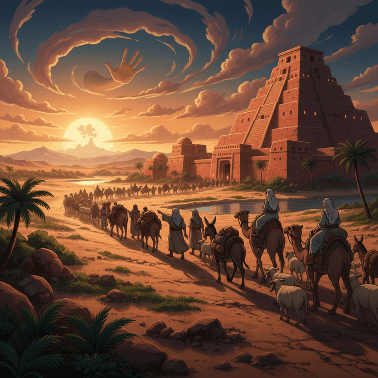 Abram, guided by God, leaves Ur, symbolizing faith and obedience to an unknown future.
