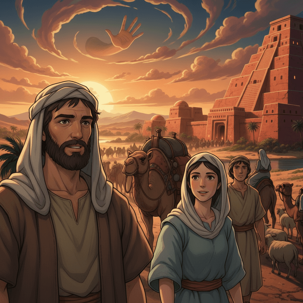 Abram leads his family towards Canaan, trusting God's promise of a great nation and blessings for all.

