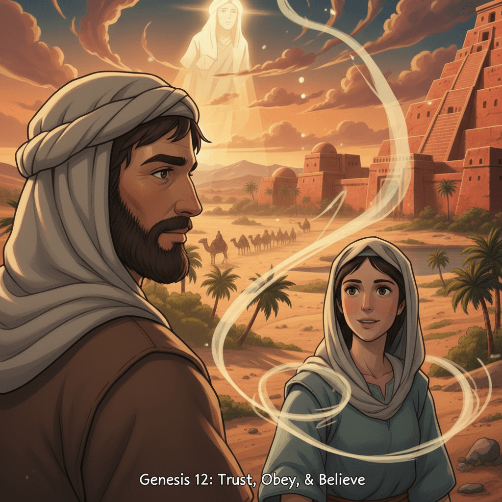 Abraham looks to the sky, a hopeful expression on his face, as God's promise of countless descendants shines above him.
