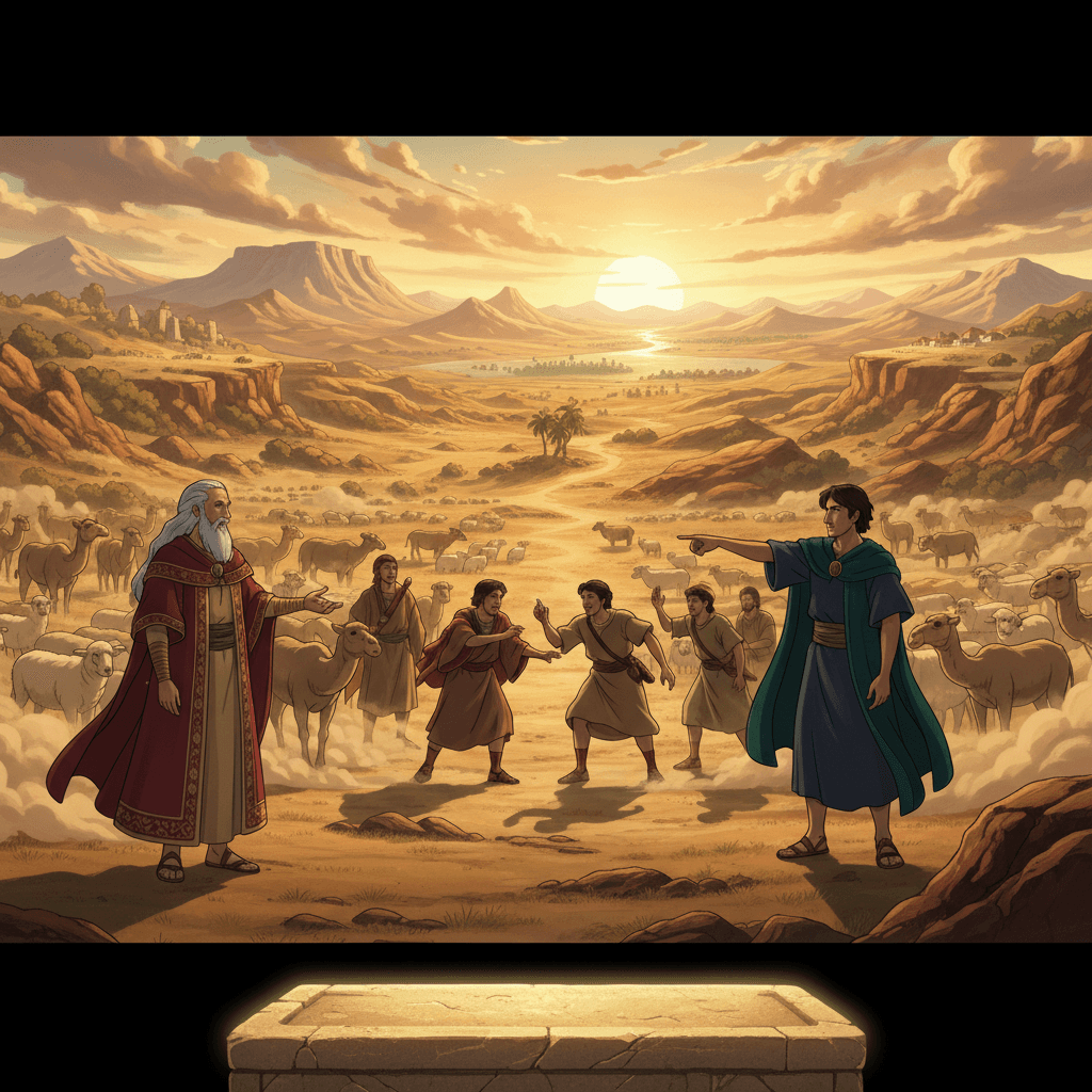 Abram gestures to Lot, offering him land choice, while vast Canaan stretches behind them, symbolizing faith.
