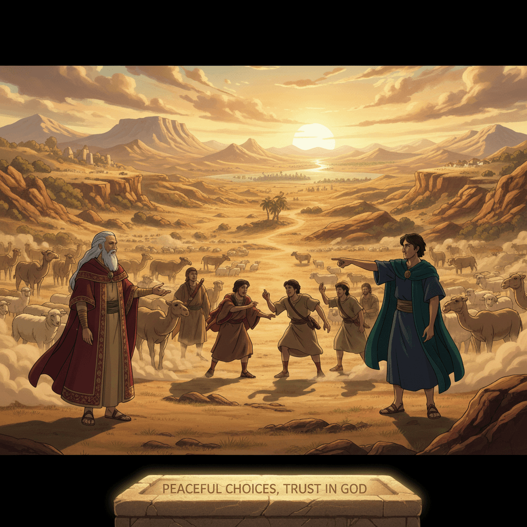 Abram peacefully lets Lot choose land in a biblical illustration emphasizing trust in God and peaceful resolution.
