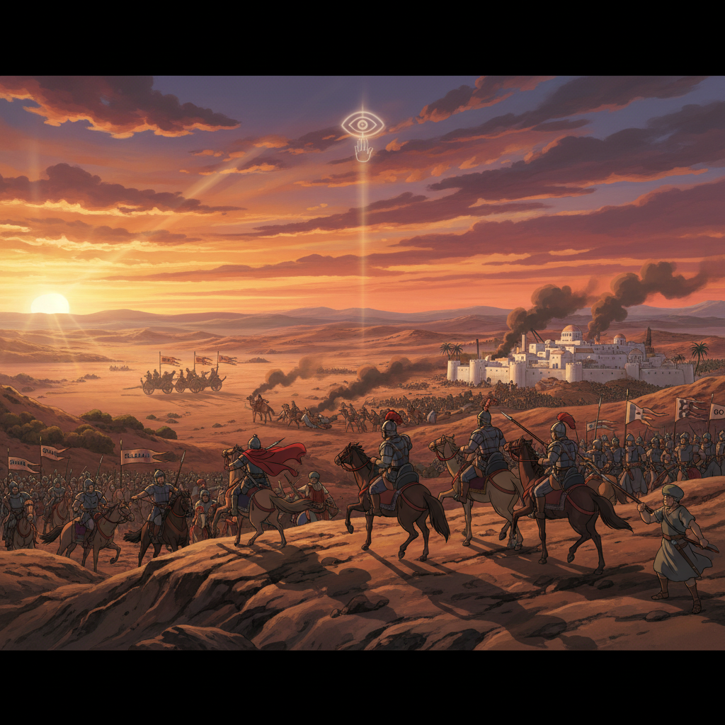 Abram rescuing Lot: Abram and his men valiantly fight to free Lot from captors in a desert landscape.
