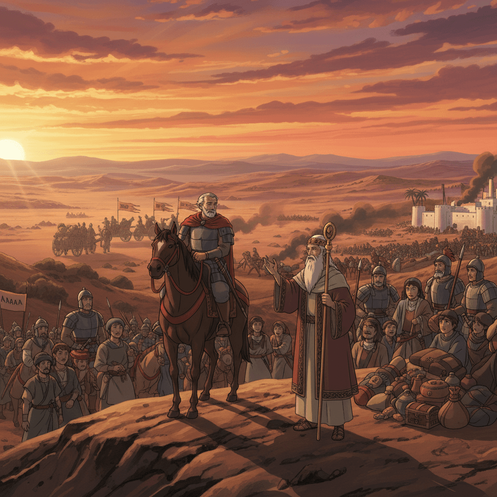 Abram refuses riches from the Sodom king, honoring God after a victorious battle.
