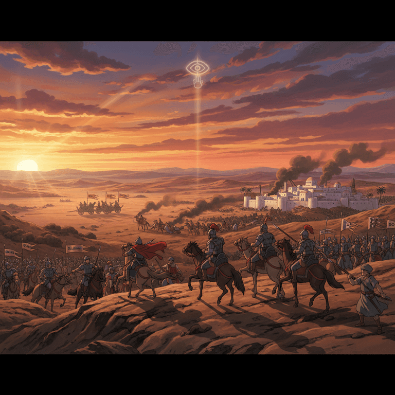 Abram rescuing Lot: Abram and his men valiantly fight to free Lot from captors in a desert landscape.
