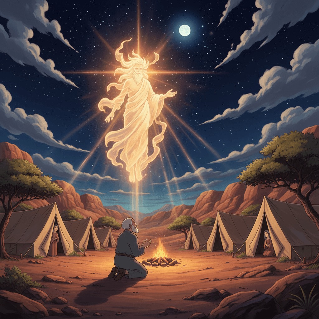 Abram looks up at a starry night sky, listening to God's promise of countless descendants.
