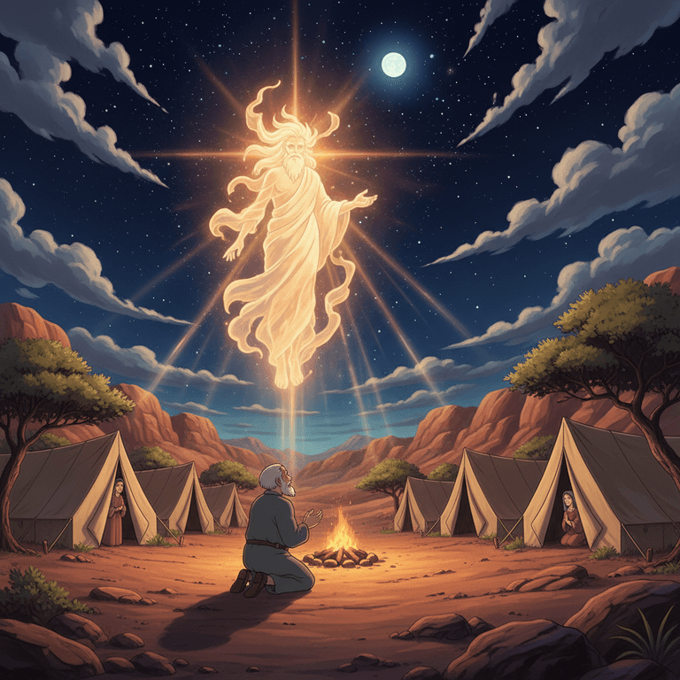 Abram looks up at a starry night sky, listening to God's promise of countless descendants.
