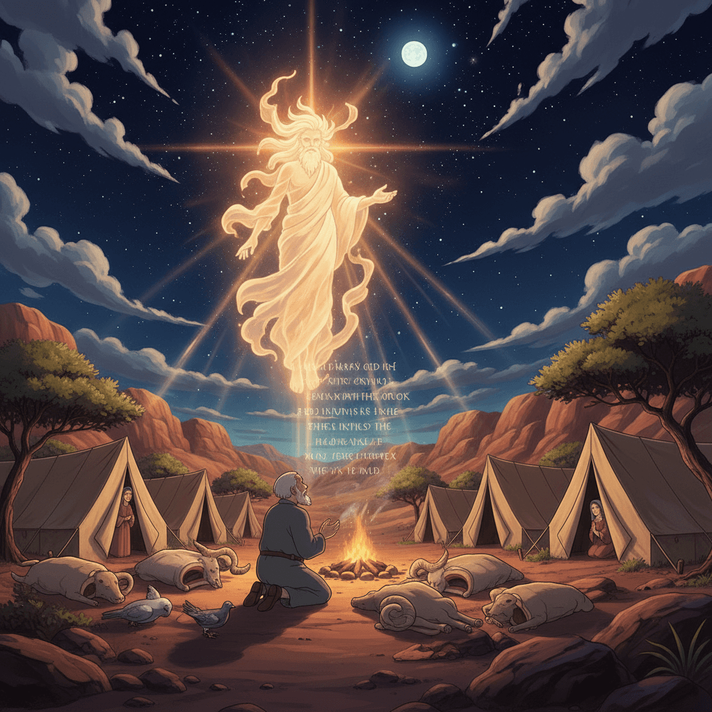 Abram sleeps as animal halves lie on the ground; God's presence glows, promising land and foretelling his descendants' future.
