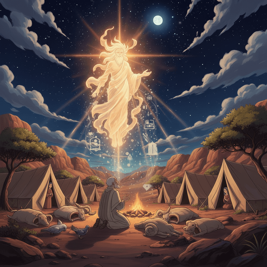 Abram looks to the star-filled night sky, symbolizing God's promise of countless descendants.
