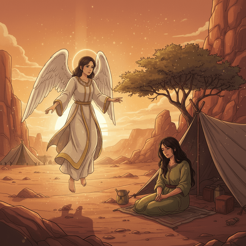 An angel comforts a pregnant Hagar in the desert, promising her a great nation through her son, Ishmael.
