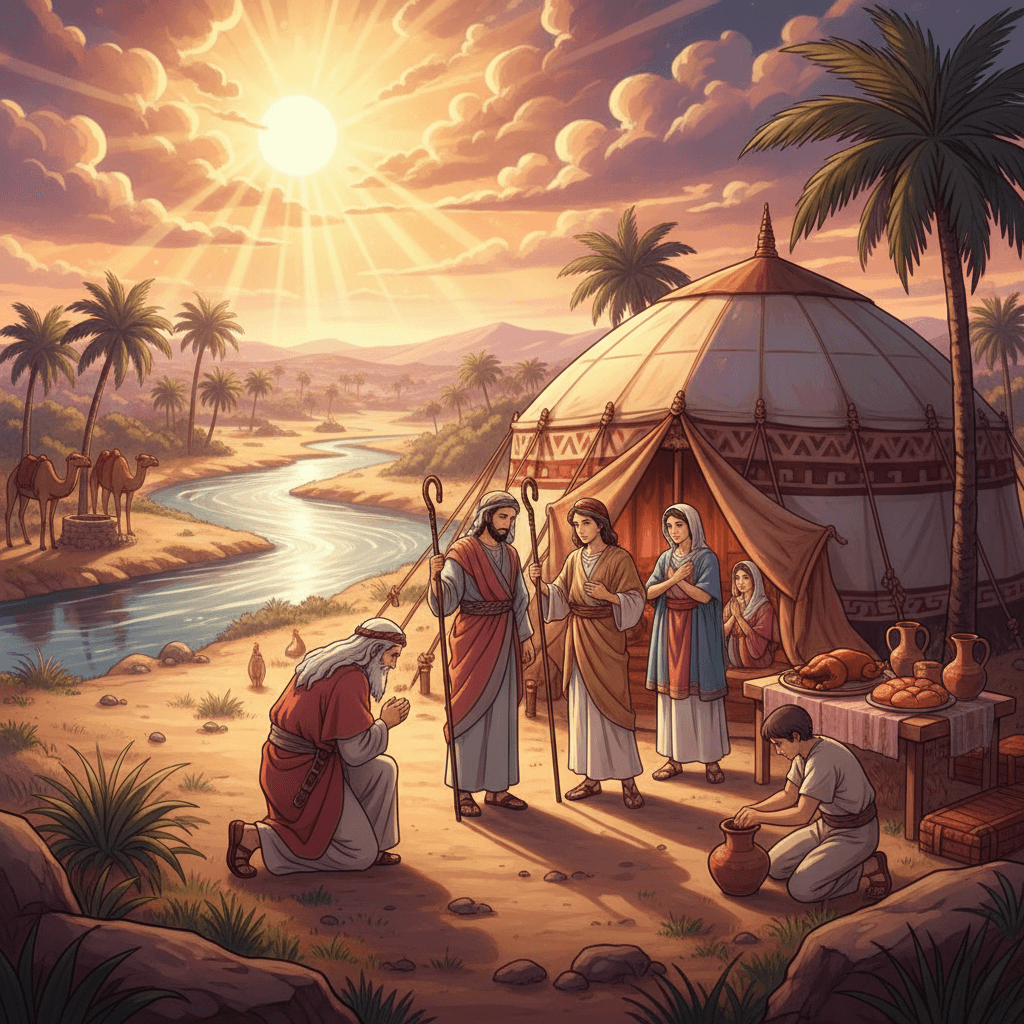 Abraham greets three men outside his tent, offering them hospitality with water and food.
