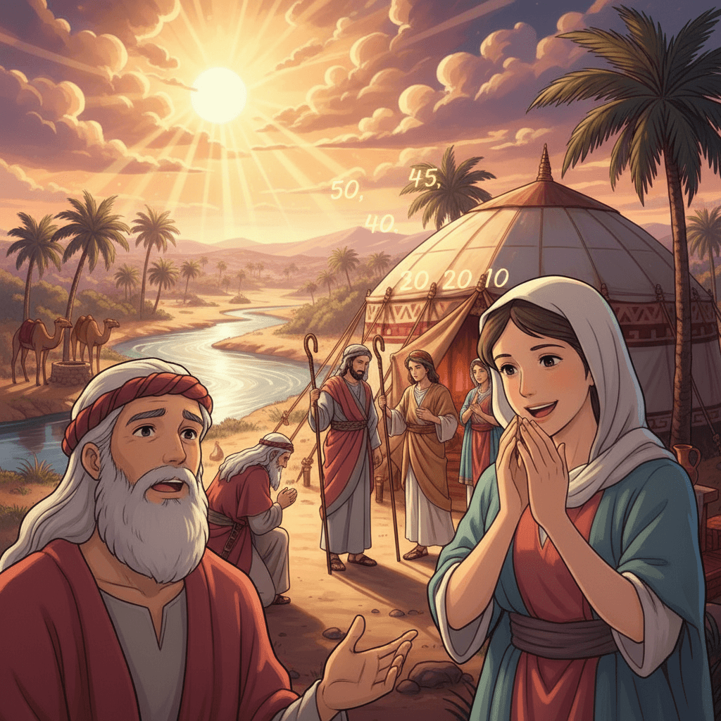 Abraham serves three men as Sarah listens, doubting God's promise of a son; later, Abraham pleads for Sodom.
