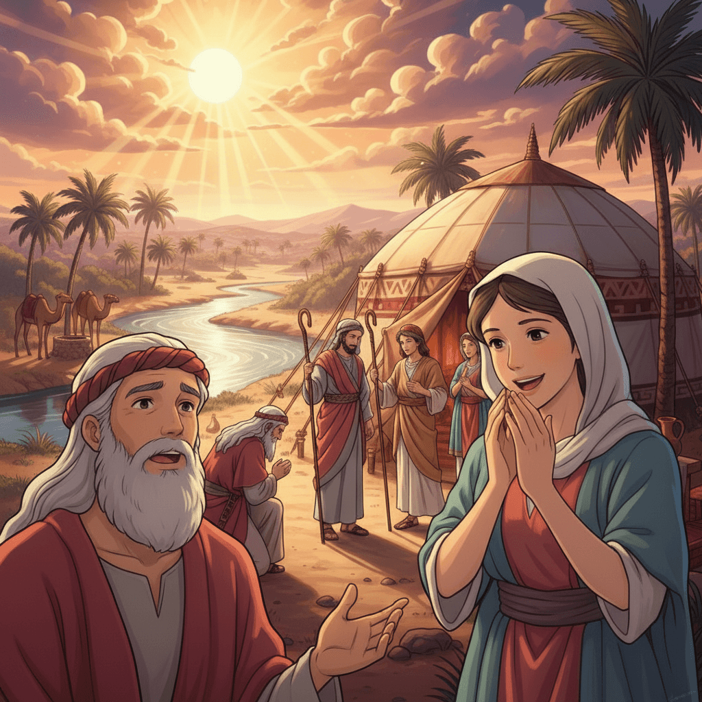 Illustration of a Bible story emphasizing kindness, prayer, and God's power to answer prayers.
