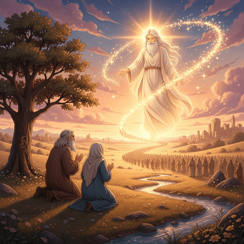 An old man kneels, bathed in divine light, listening to a voice from the heavens as his wife looks on.
