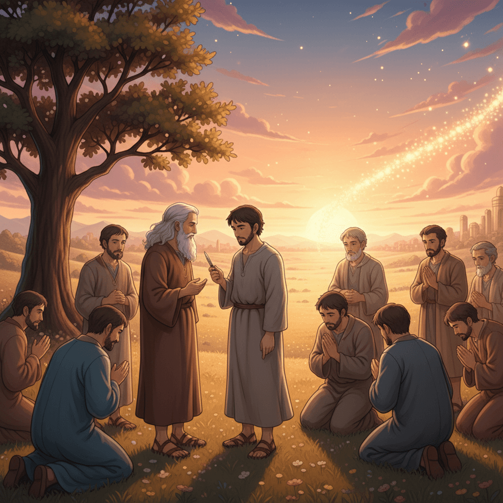 Abraham, elderly, circumcises himself and his son Ishmael, fulfilling God's covenant.
