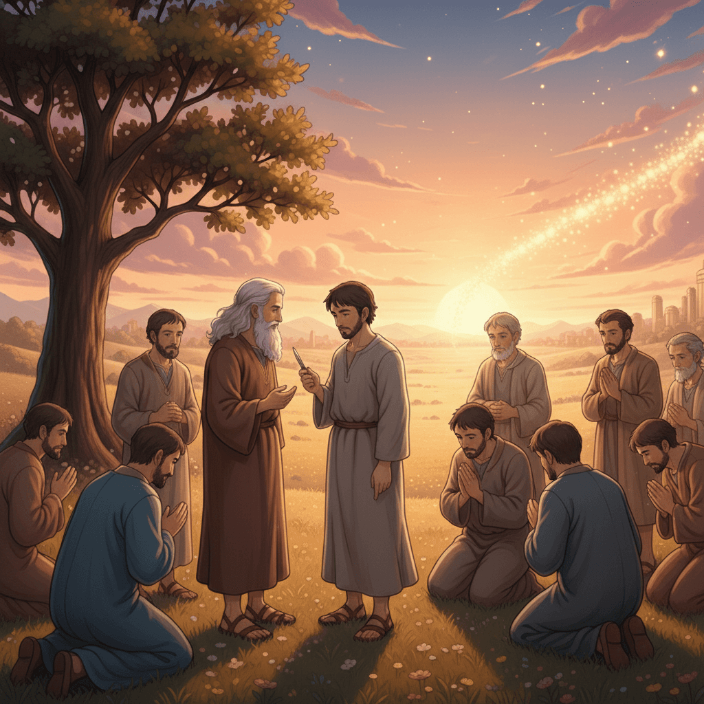 A man kneels, gazing upward in faith as a divine light shines upon him, symbolizing obedience and God's promise.
