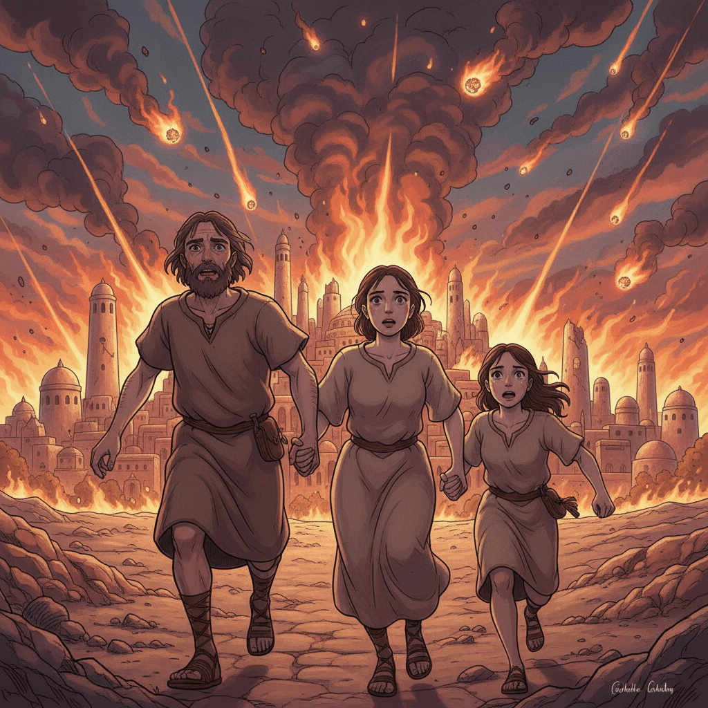 Lot and his family flee Sodom as fire rains down; his wife looks back and turns to a pillar of salt.

