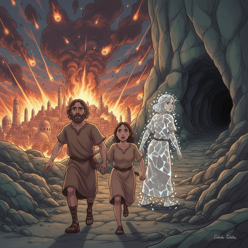 Lot's wife as a salt pillar; Lot and daughters flee Sodom's destruction, later plotting in a cave.
