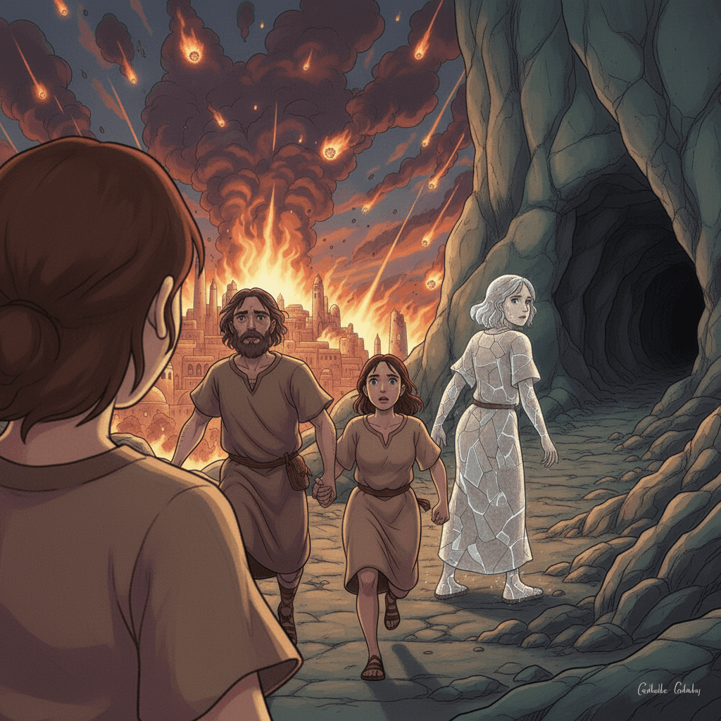 Angels lead Lot and his daughters away from Sodom as fire rains down on the city in the background.
