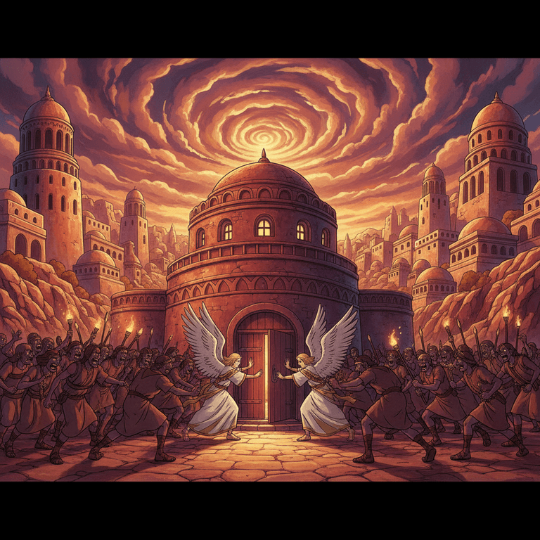 Angels visit Lot in Sodom, as wicked men gather outside his door.
