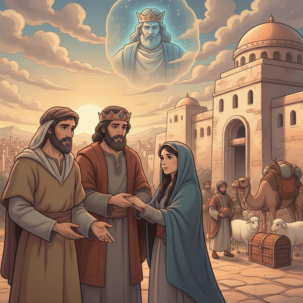 Abimelek returns Sarah to Abraham with gifts, symbolizing peace and God's protection and healing.
