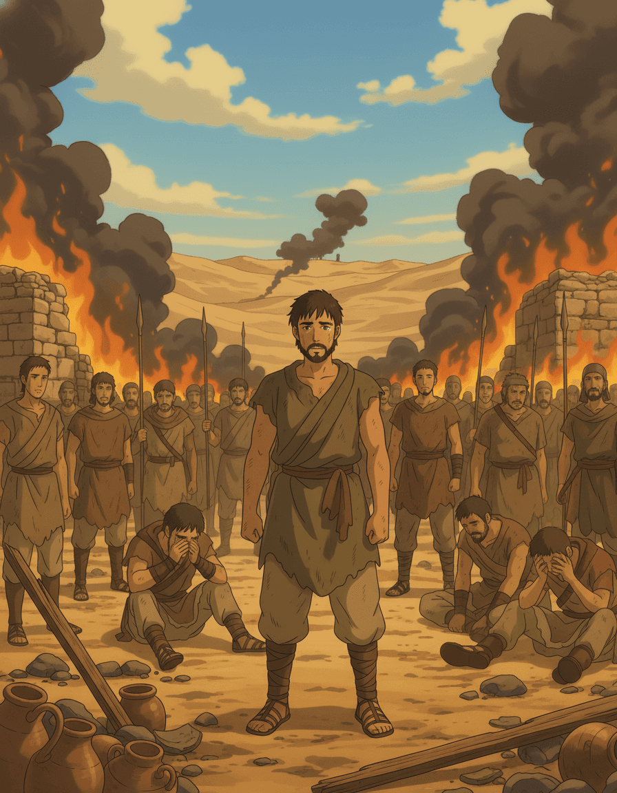 David, distraught but kneeling in prayer, seeks God's guidance amidst his men's anger and grief.
