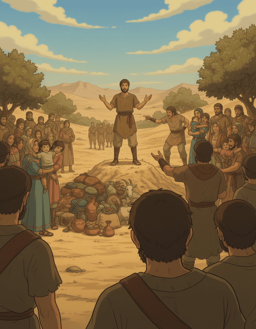David's army celebrates victory over the Amalekites, recovering their families and possessions.
