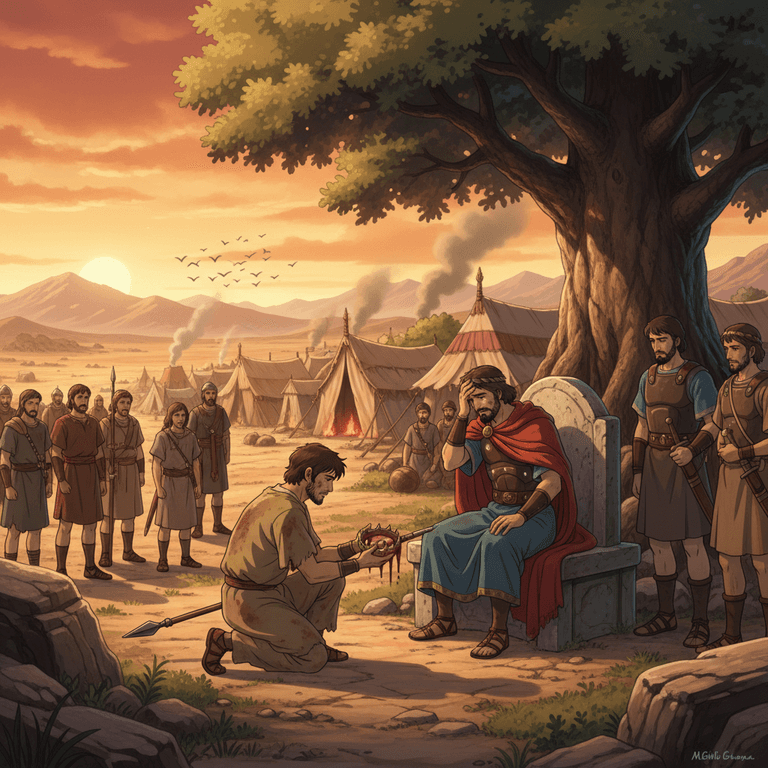 A man in torn clothes and dusty hair arrives in Ziklag, bringing news of Saul and Jonathan's death to David.
