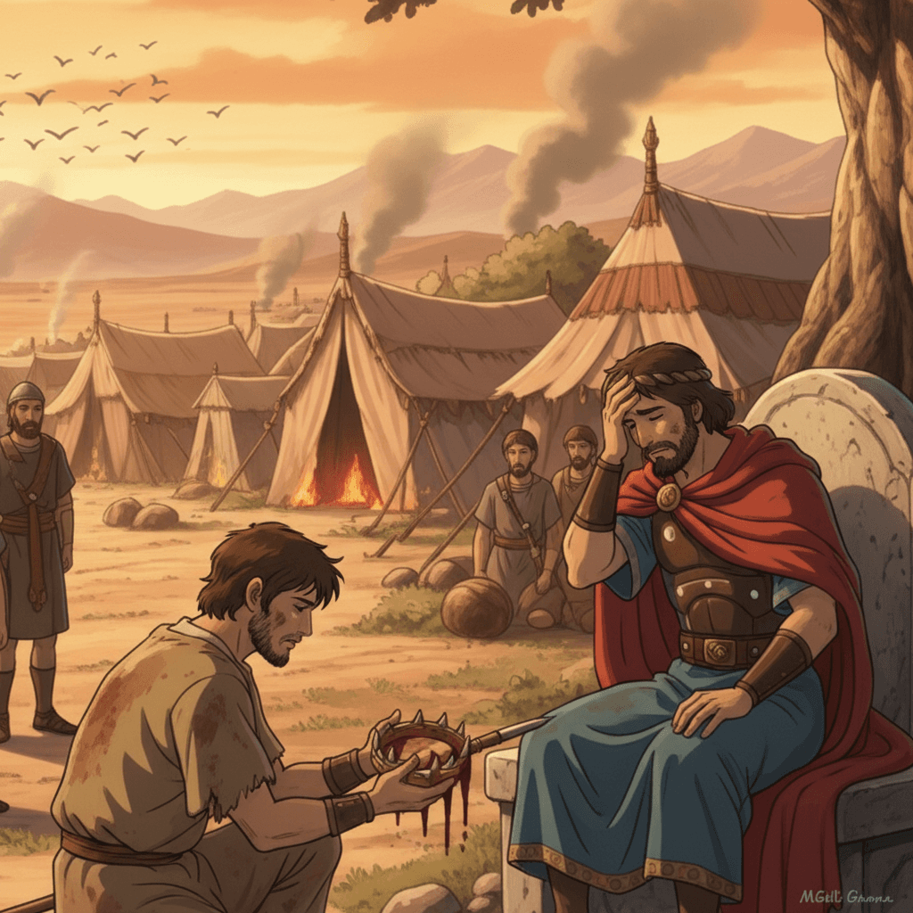 A young man bows before David, delivering news of the battle's loss and the deaths of Saul and Jonathan.
