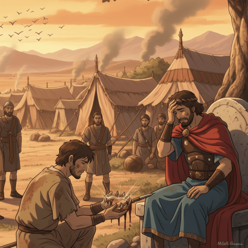 A man kneels before David, offering a crown and bracelet, while David reacts with anger to the news of Saul's death.
