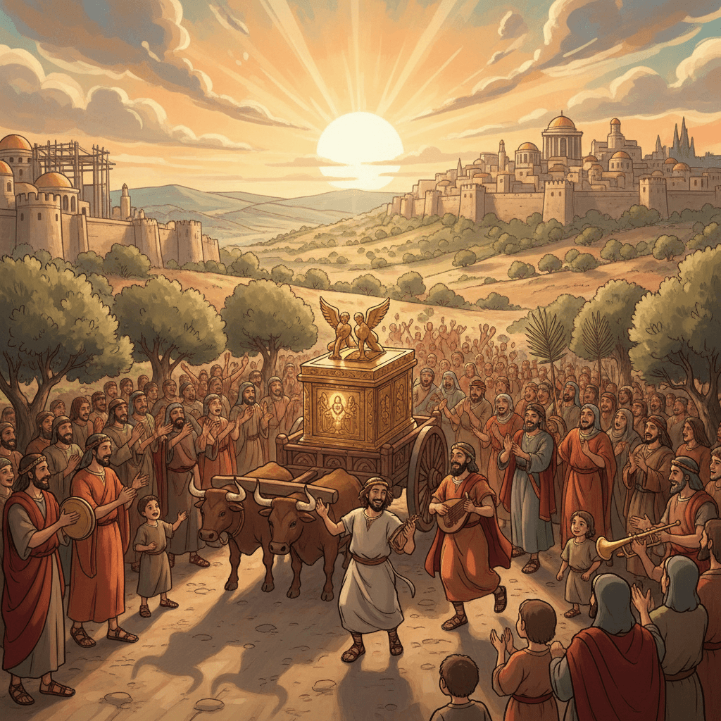 David leads a joyous procession, carrying the Ark of God toward Jerusalem with music and celebration.
