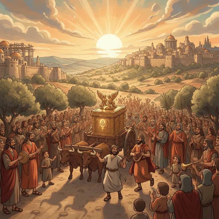 David leads a joyous procession, carrying the Ark of God toward Jerusalem with music and celebration.
