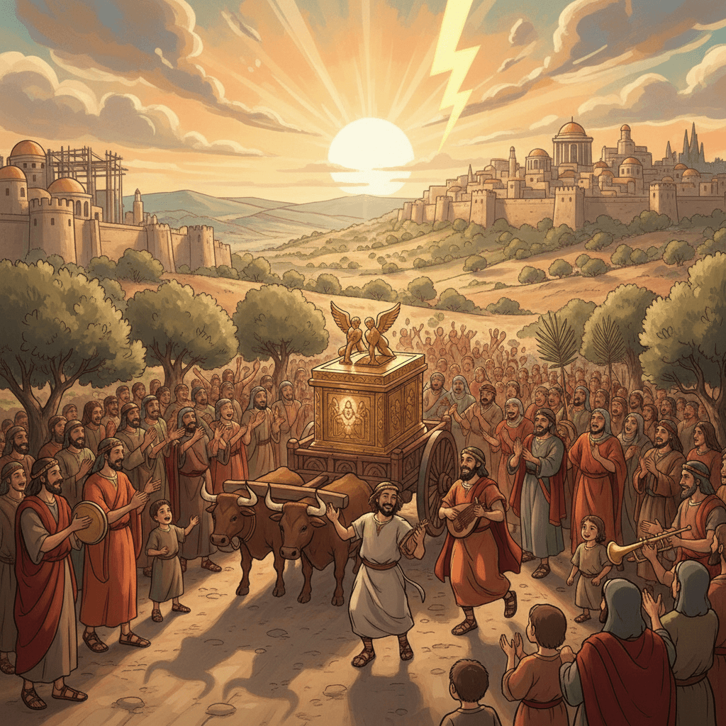 Uzzah touches the Ark of the Covenant as it tips from an oxcart, resulting in his death.
