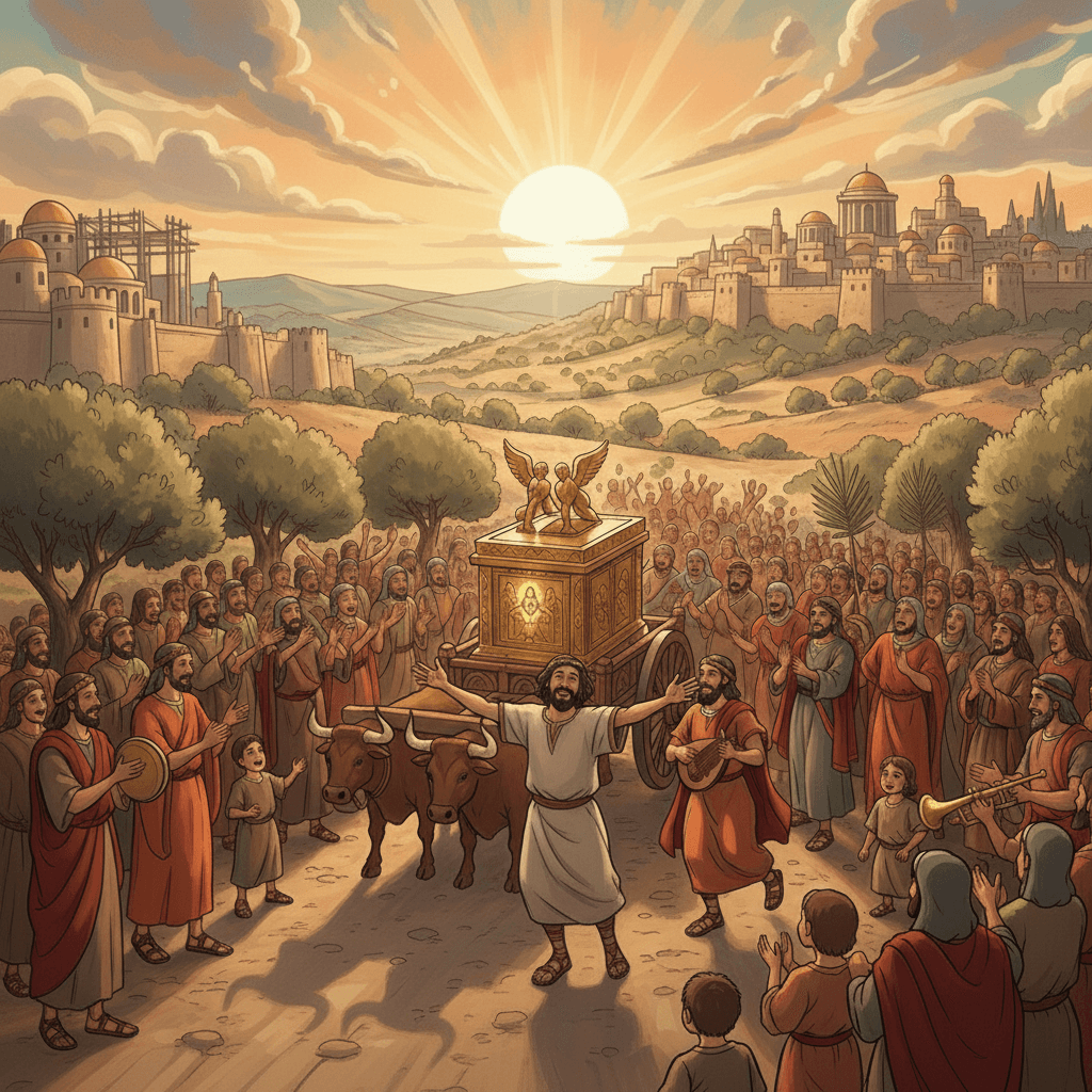 David dances joyfully before the Ark, now properly carried, after hearing of Obed-Edom's blessing.
