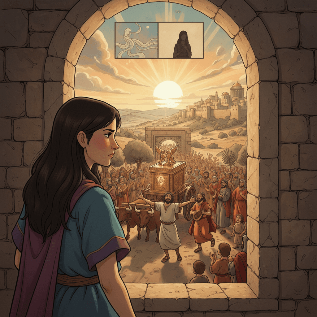 Michal watches David dancing joyfully with the Ark, illustrating 2 Samuel 6 and the importance of sincere worship.
