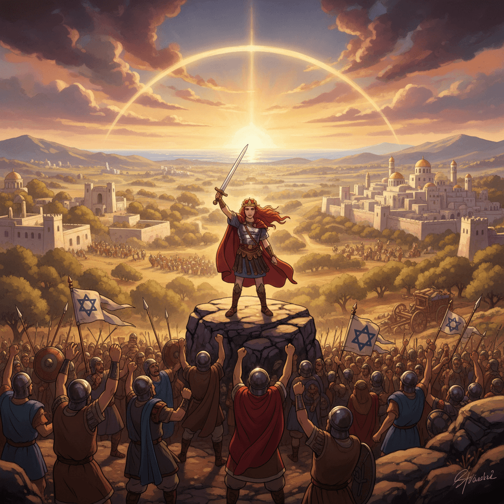 David, triumphant king, victorious in battle, symbolizing God's promise fulfilled.
