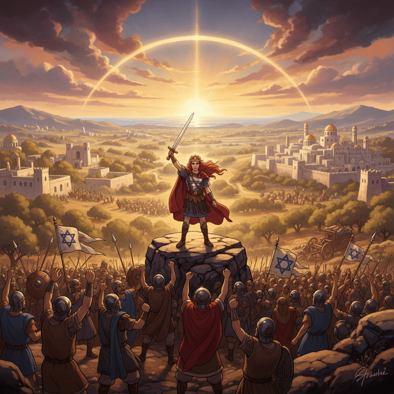 David, triumphant king, victorious in battle, symbolizing God's promise fulfilled.
