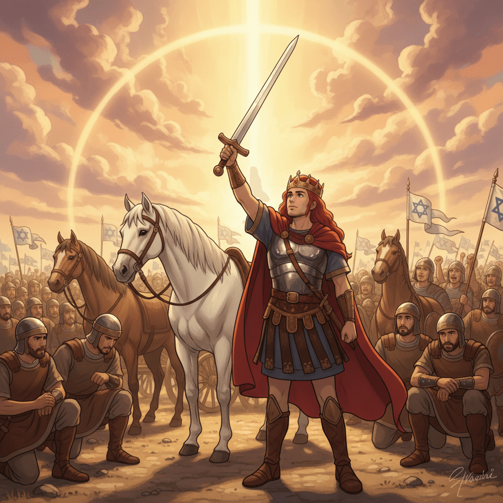 David, victorious, with horses and captured weapons, showing his reliance on God.
