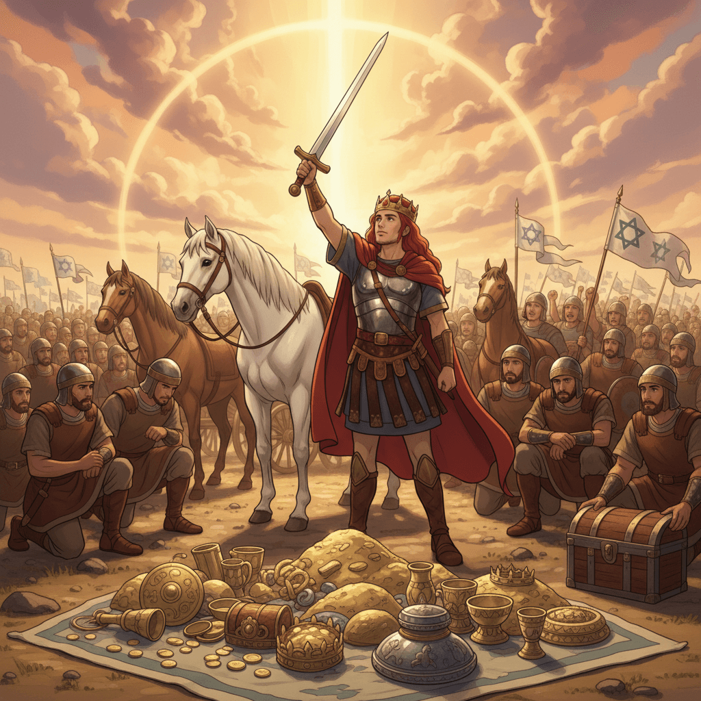 David dedicating spoils of war and gifts from Toi of Hamath, gold, silver, and bronze, to the Lord.
