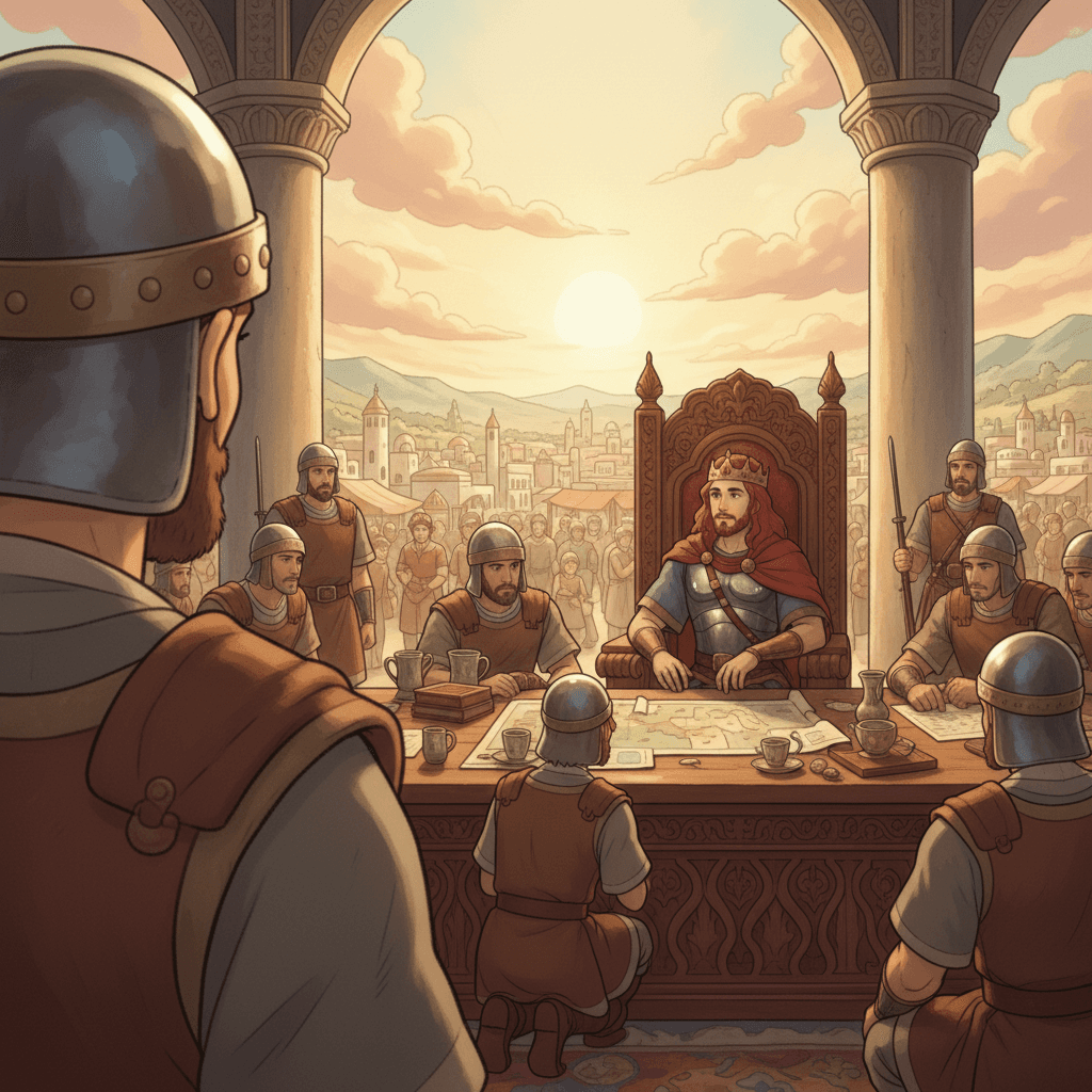 King David fairly rules Israel with appointed officers, showing justice and order in the land.
