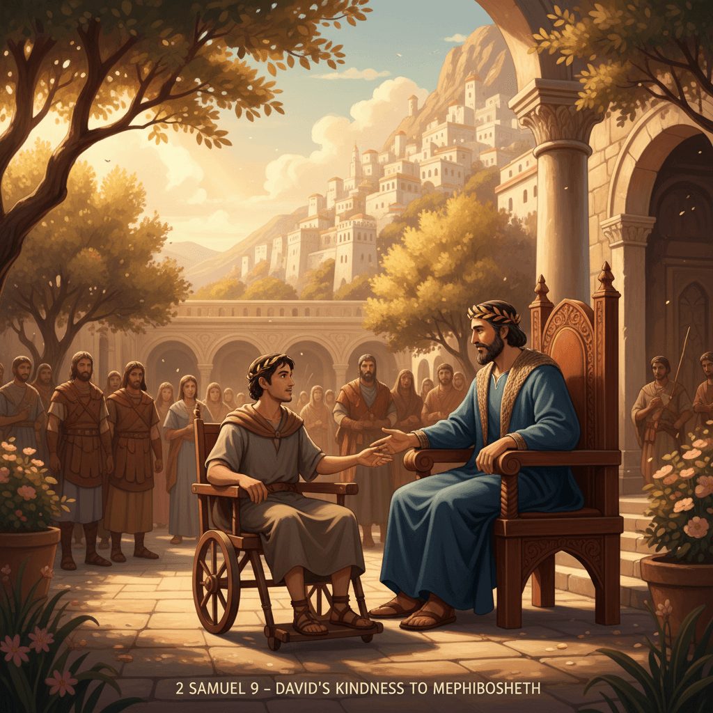 King David embraces Mephibosheth, fulfilling his promise to Jonathan by showing kindness to Saul's grandson.
