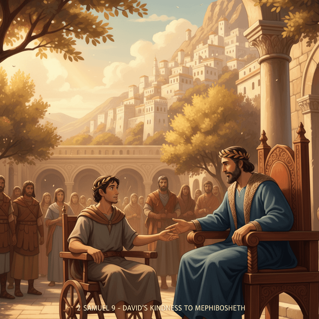 David welcomes the disabled Mephibosheth into his palace, promising kindness out of love for Jonathan.

