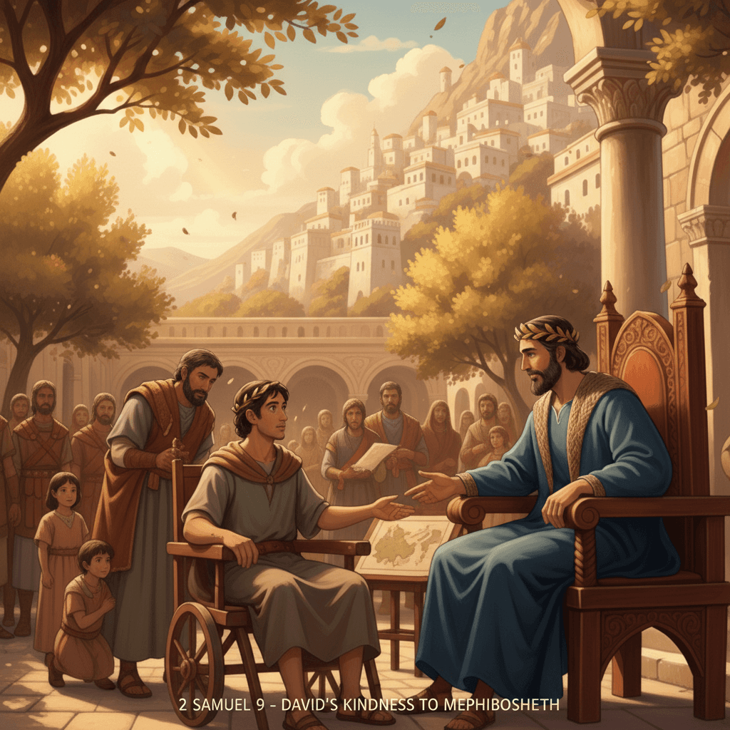 David bestows land & honor upon Mephibosheth, inviting him to dine as royalty, showing kindness & restoring his inheritance.
