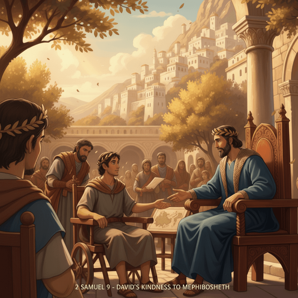 David shows kindness to Mephibosheth, keeping his promise to Jonathan by caring for his disabled son.
