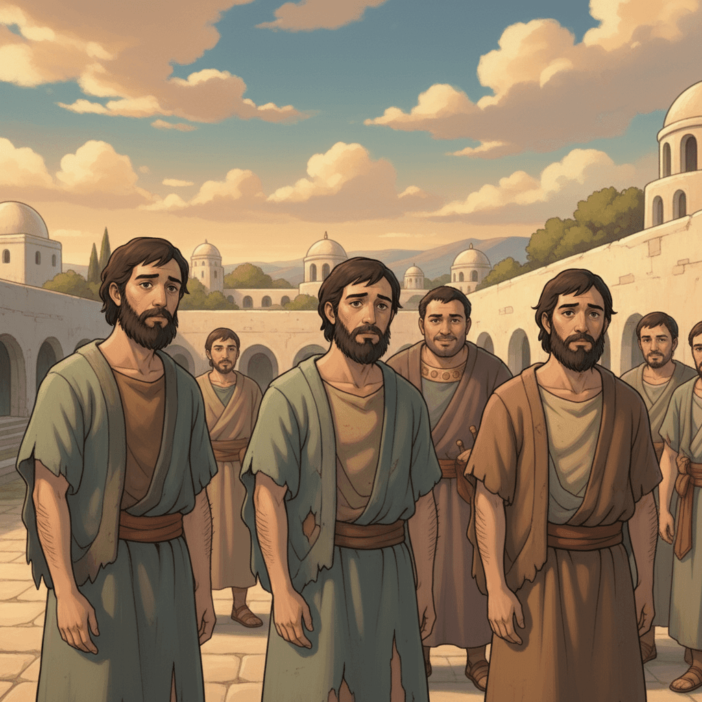 Humiliated messengers with half-shaved beards and cut clothes stand ashamed before King Hanun.
